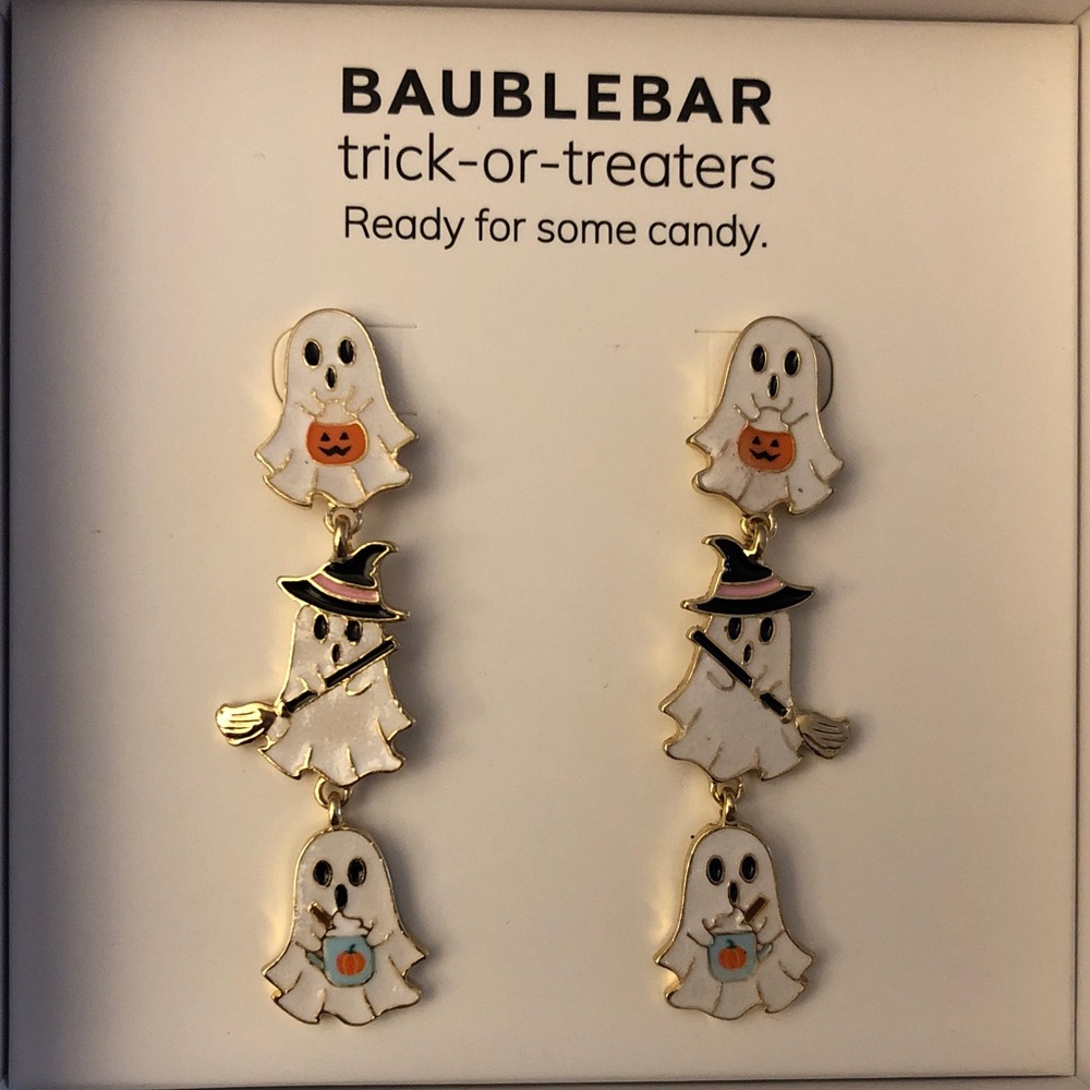 BaubleBar Gold Tone Trick Or Treaters Stacked Ghost Linear Drop Earrings NIB